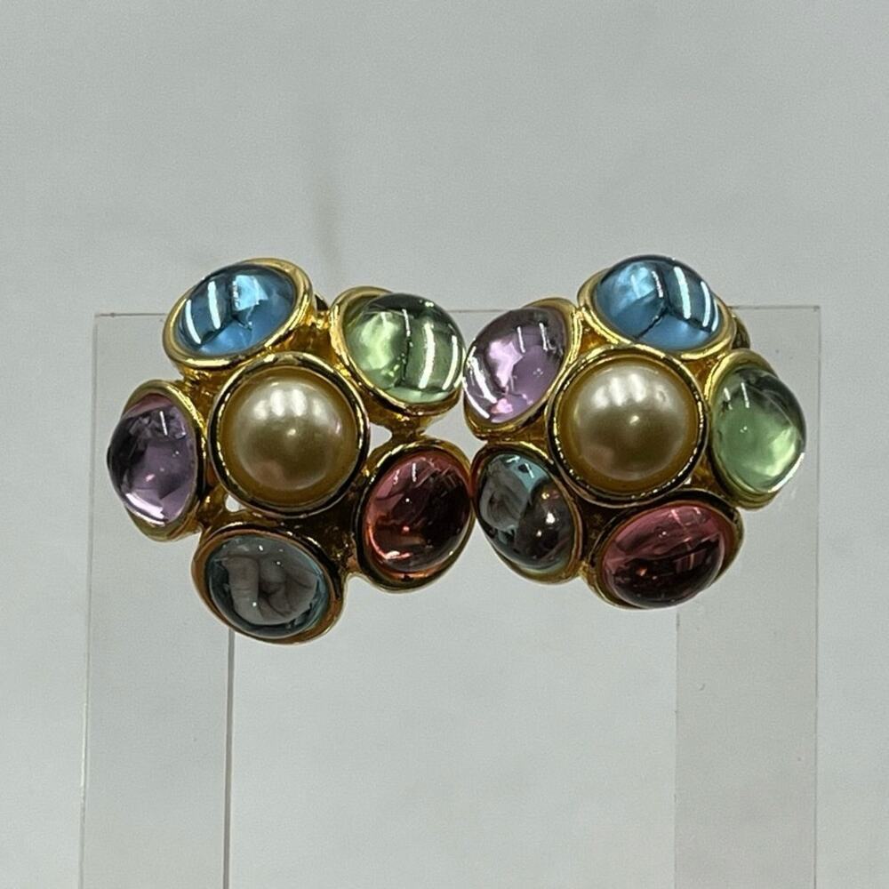 Vintage Pastel Colors Flower Cabochons Moon glow Clip On Gold‎ Tone Earrings